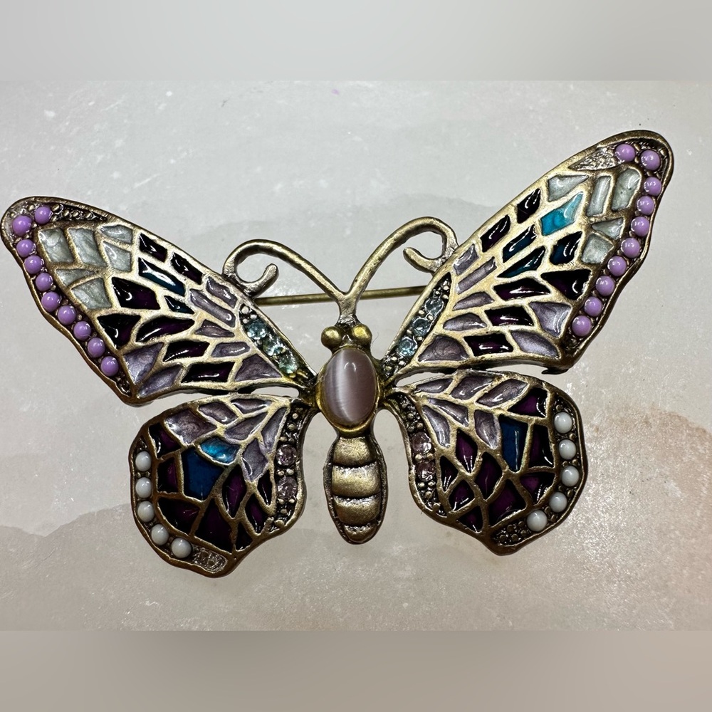 Jeweled Pink Mosaic Butterfly Pewter Crystal Enamel Pin Brooch